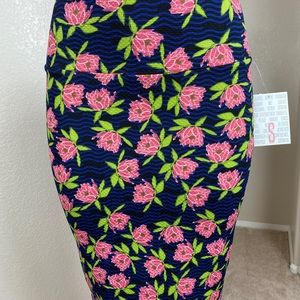 LuLaRoe Navy Pencil Skirt with Pink Floral and Green Leaves